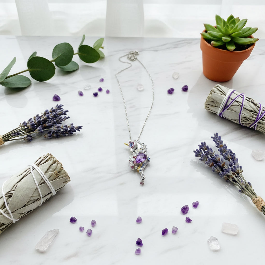 Unicorn-shaped pendant with gemstones held between fingers