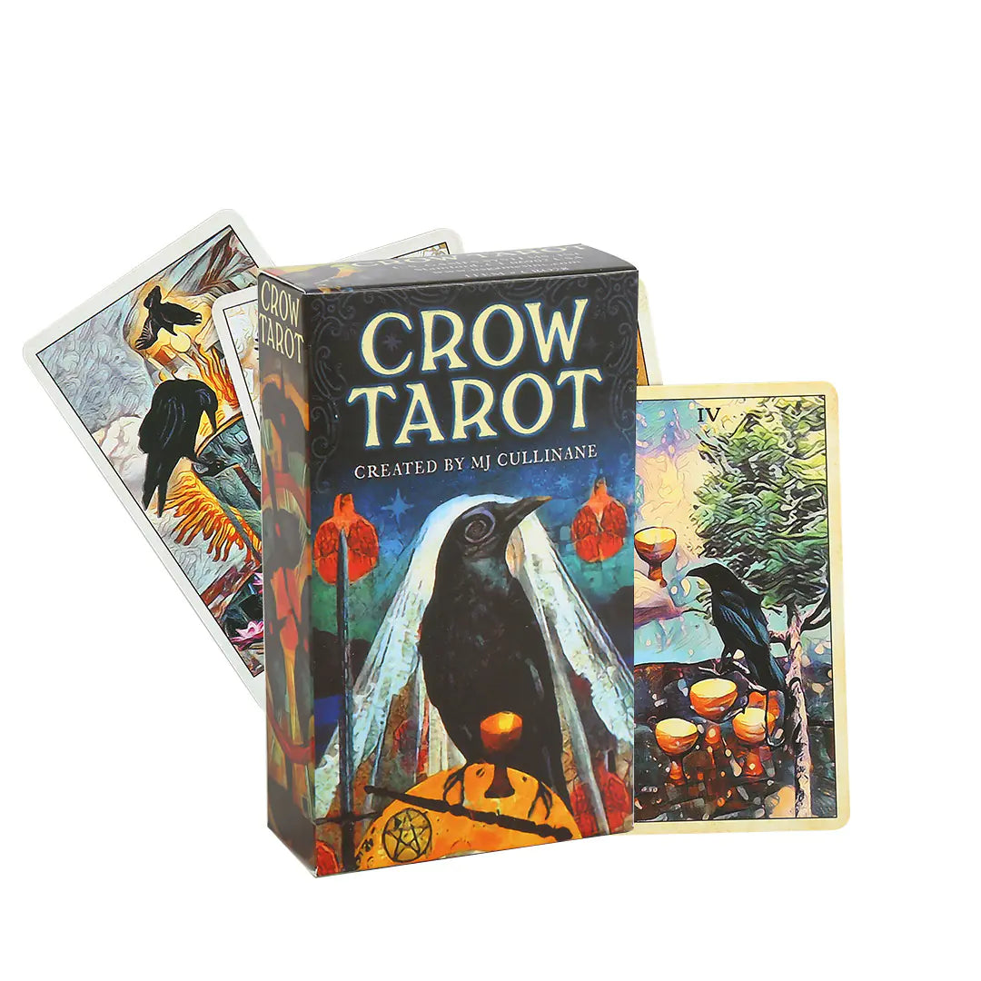 Crow Tarot card set with tarot cards and box on a white background