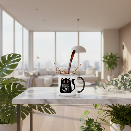 Black mug on the left and white mug with a cat design on the right, filled with coffee.