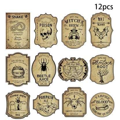 Set of 12 vintage-style potion labels with different designs on a white background.