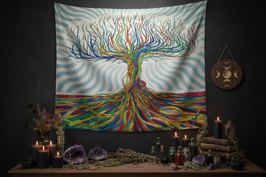 Colorful abstract tapestry hanging on a wall above a TV stand with decorative items.