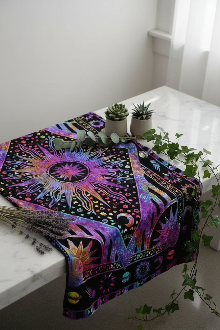 Colorful tapestry with geometric patterns and celestial designs on a black background