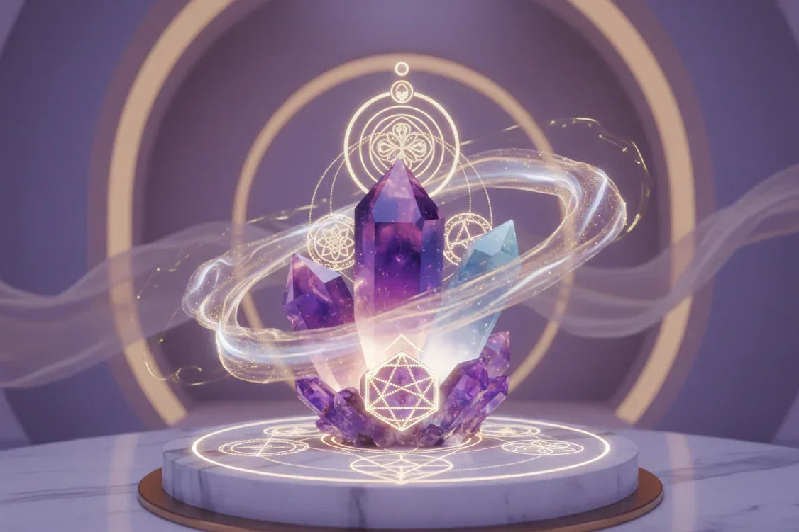 spiritual magic circle with colourful crystals on marble bench from Sorceress Sanctuary