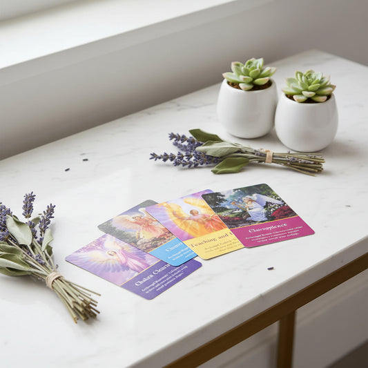 Set of angelic tarot cards with colorful backgrounds and text