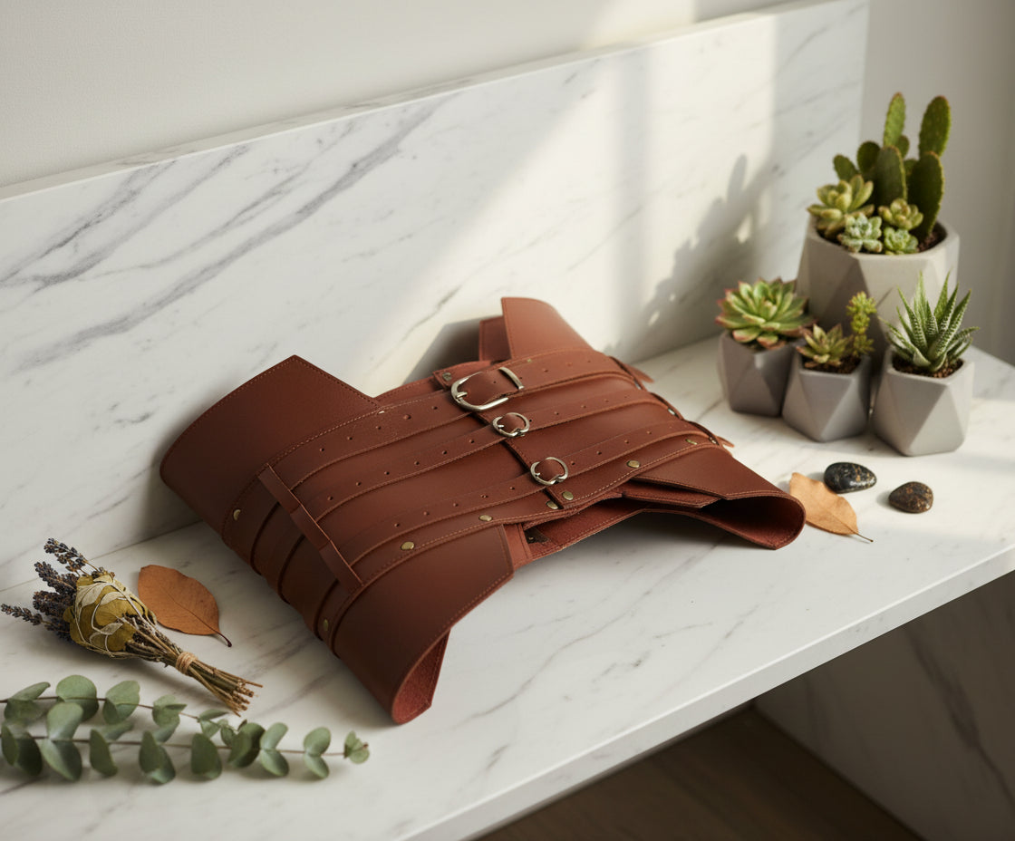 Brown leather armor with gold buckles on a white background