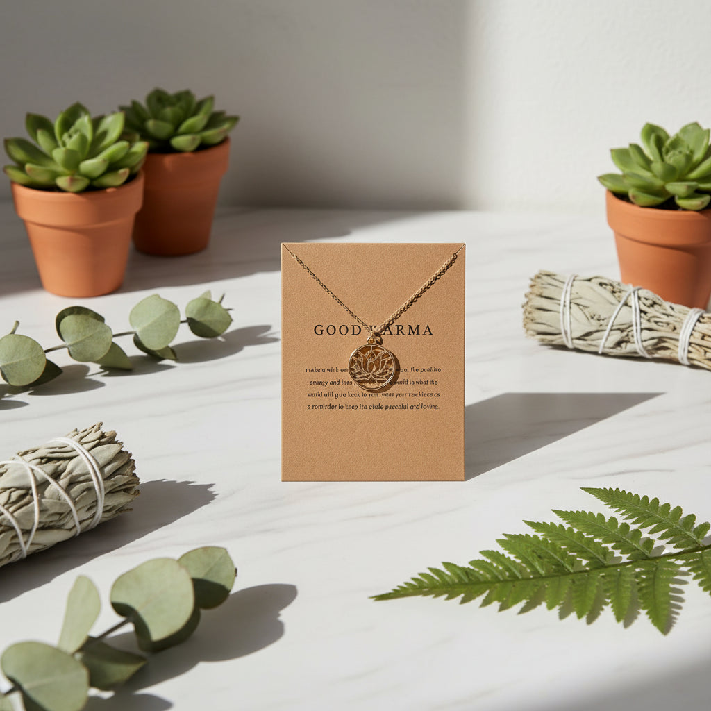 Gold necklace with 'Good Karma' card on a white background