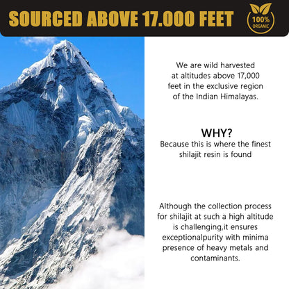 Mountain peak with text about shilajit sourcing above 17,000 feet in the Indian Himalayas.