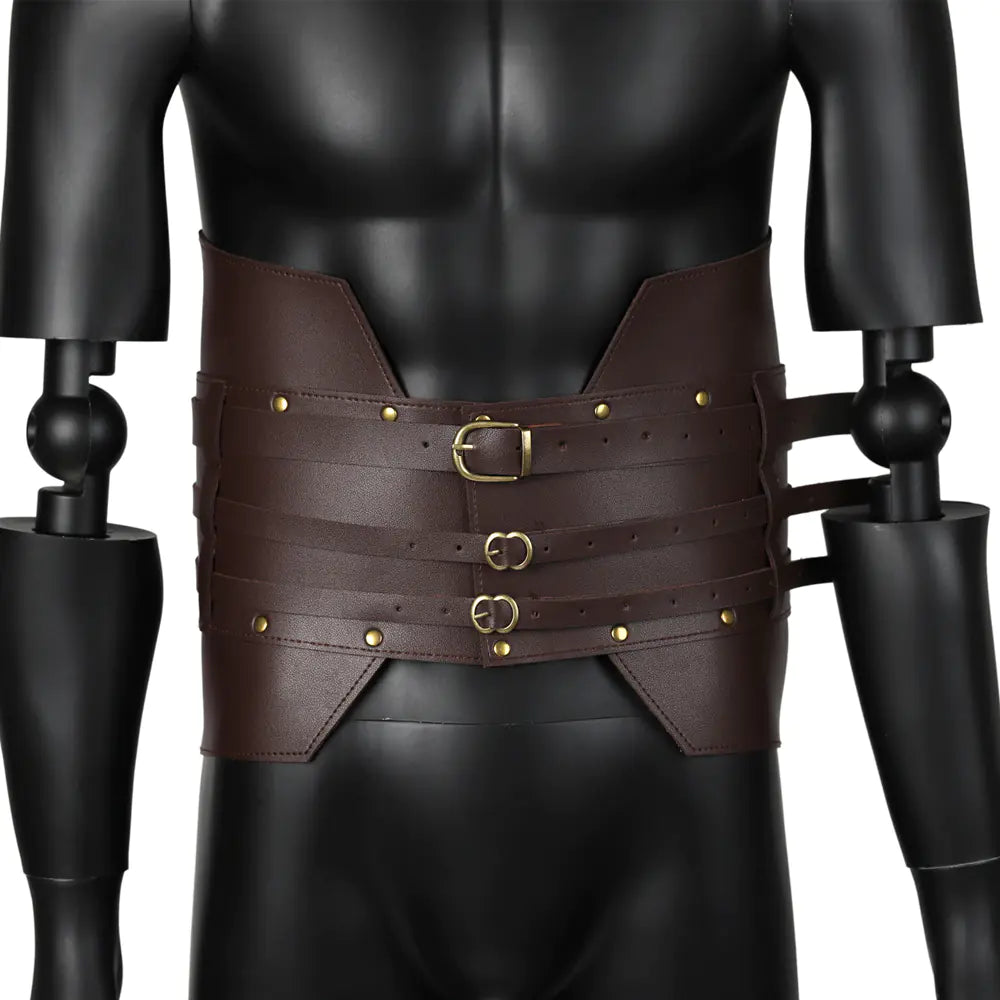 Brown leather belt with gold buckles on a black mannequin