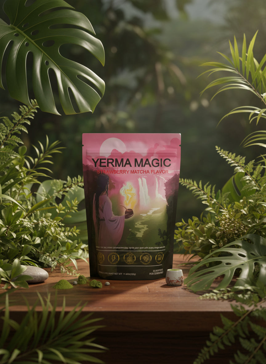 Yerma Magic strawberry matcha flavor package on a wooden surface