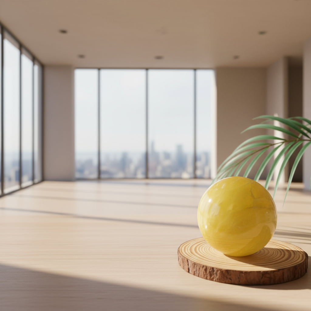 Yellow crystal ball on a wooden surface with green leaves in the background