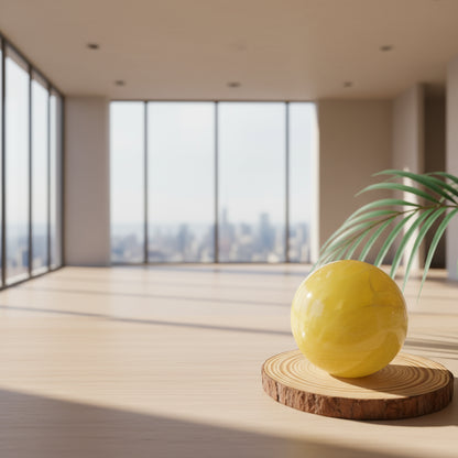 Yellow crystal ball on a wooden surface with green leaves in the background