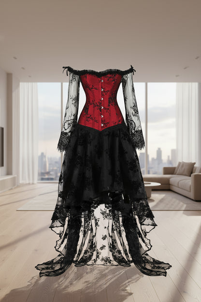 Gothic-style dress with red corset and black and white floral skirt on a white background
