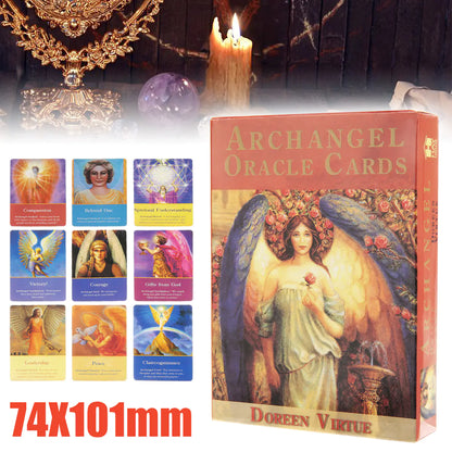 Archangel Oracle Cards with cards and candle on a dark background