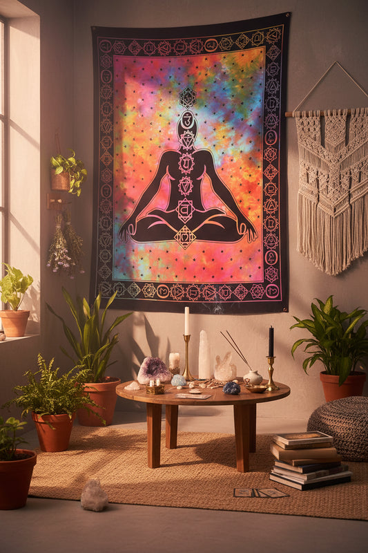 Tapestry with a meditating figure silhouette on a colorful tie-dye background