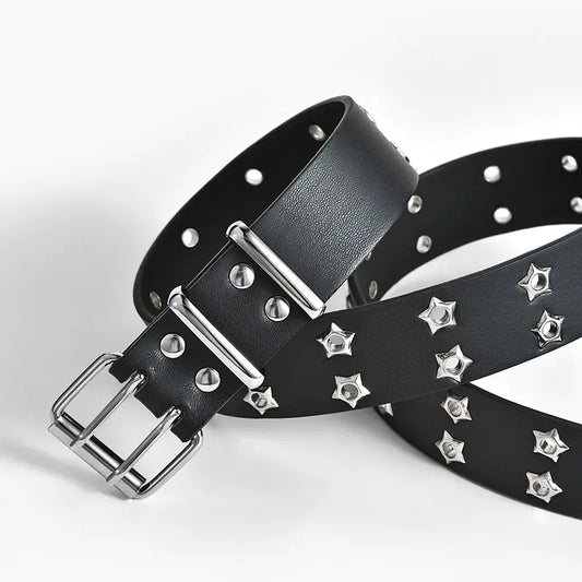 Black leather belt with silver star studs on a white background