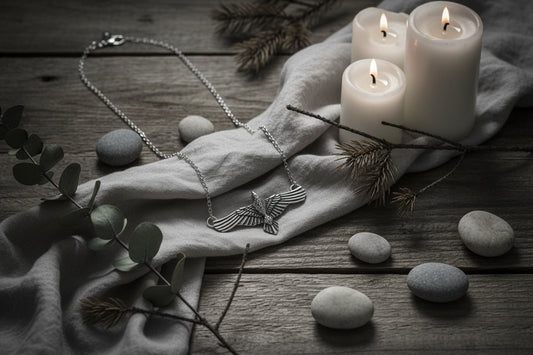 Silver necklace with a detailed bird pendant on a white background