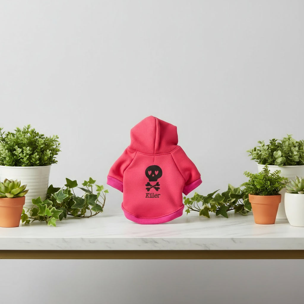 Red pet hoodie with a black skull design and 'Killer' text on a white background