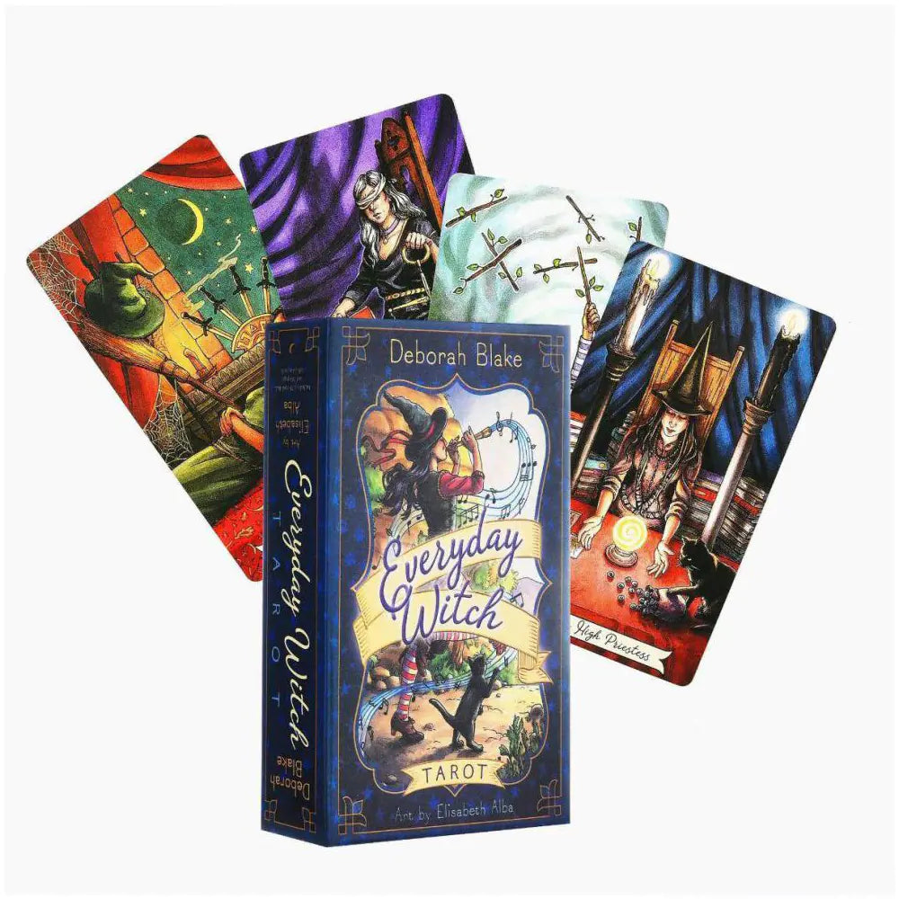 Box of 'Everyday Witch' tarot cards with colorful card illustrations on a white background