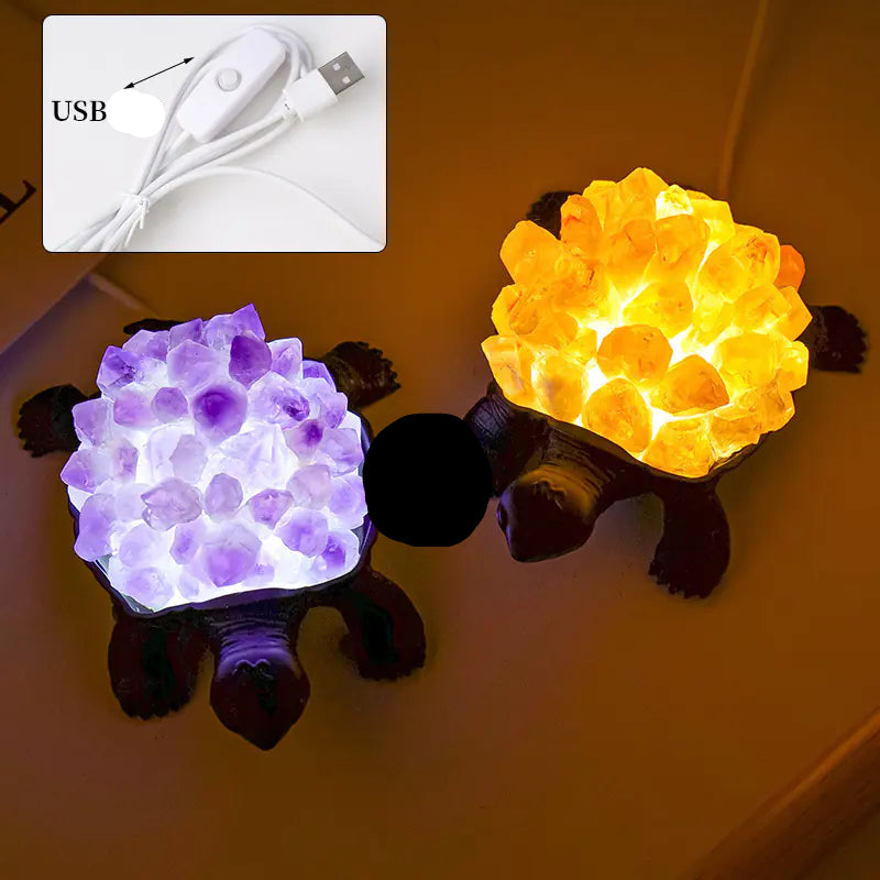 Two turtle-shaped night lights, one purple and one yellow, with a USB cable inset.