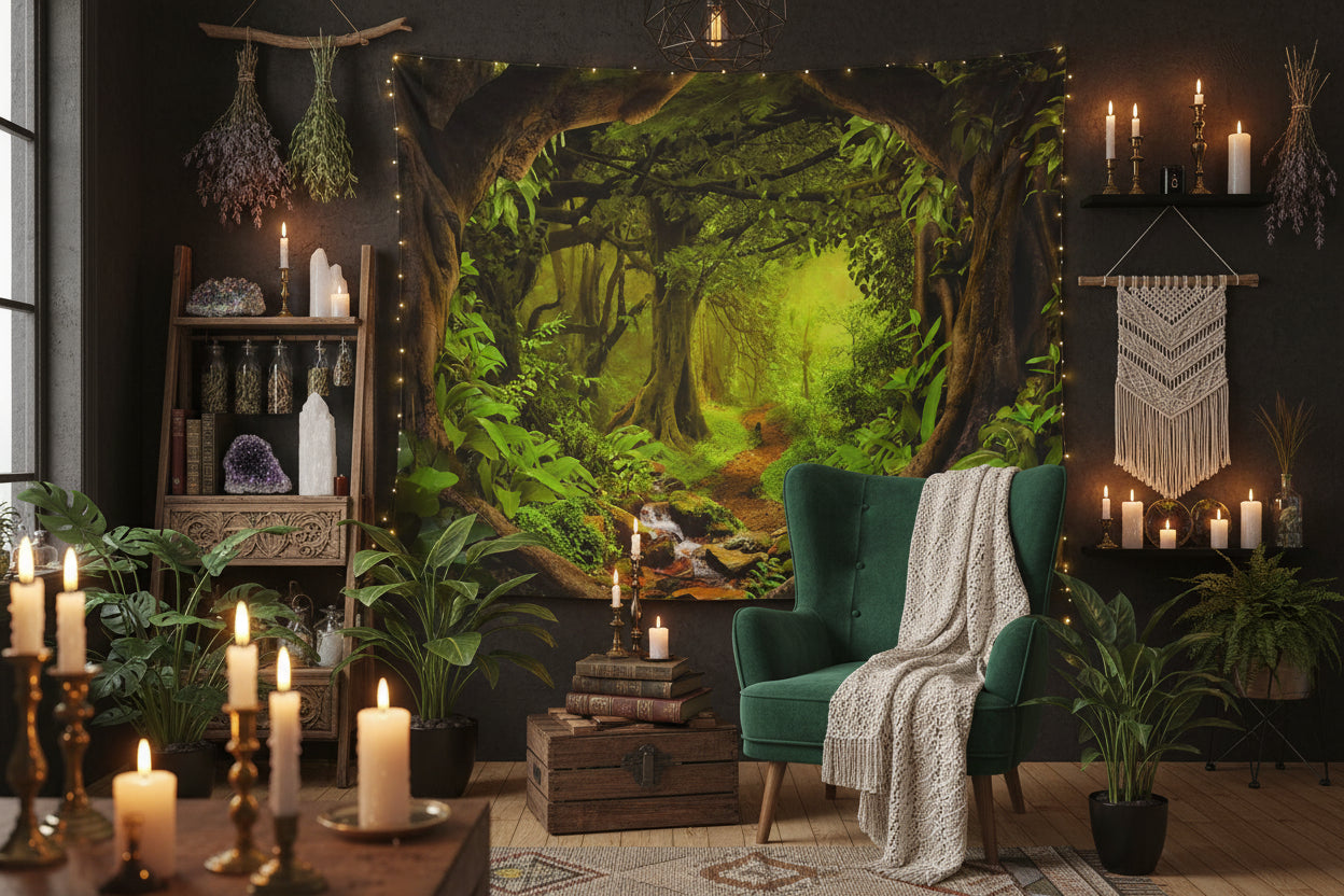 Tapestry depicting a lush green forest with a stream, hanging on a wall above a wooden floor.