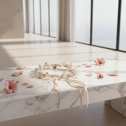 Decorative headband with flowers and ribbons on a white background