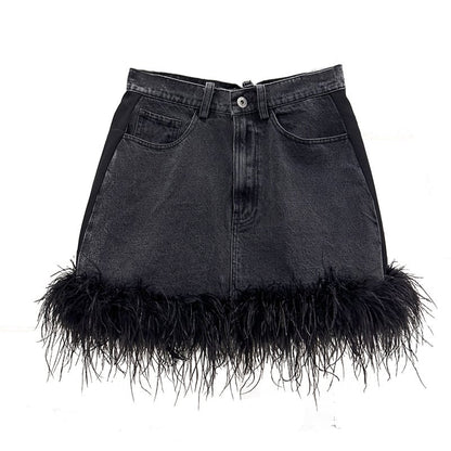 Black Denim Skirt | Ostrich Hair Trim