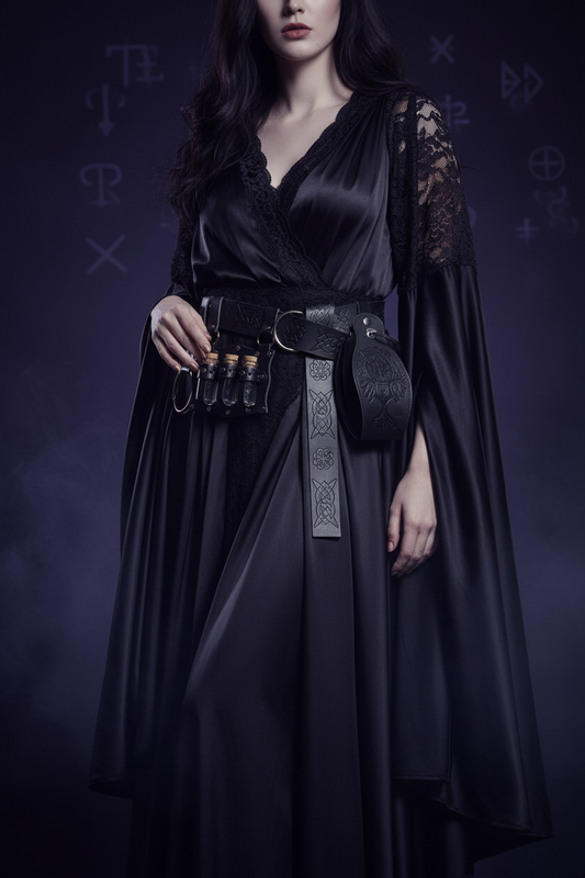 Person wearing a dark, flowing dress with lace sleeves against a dark background