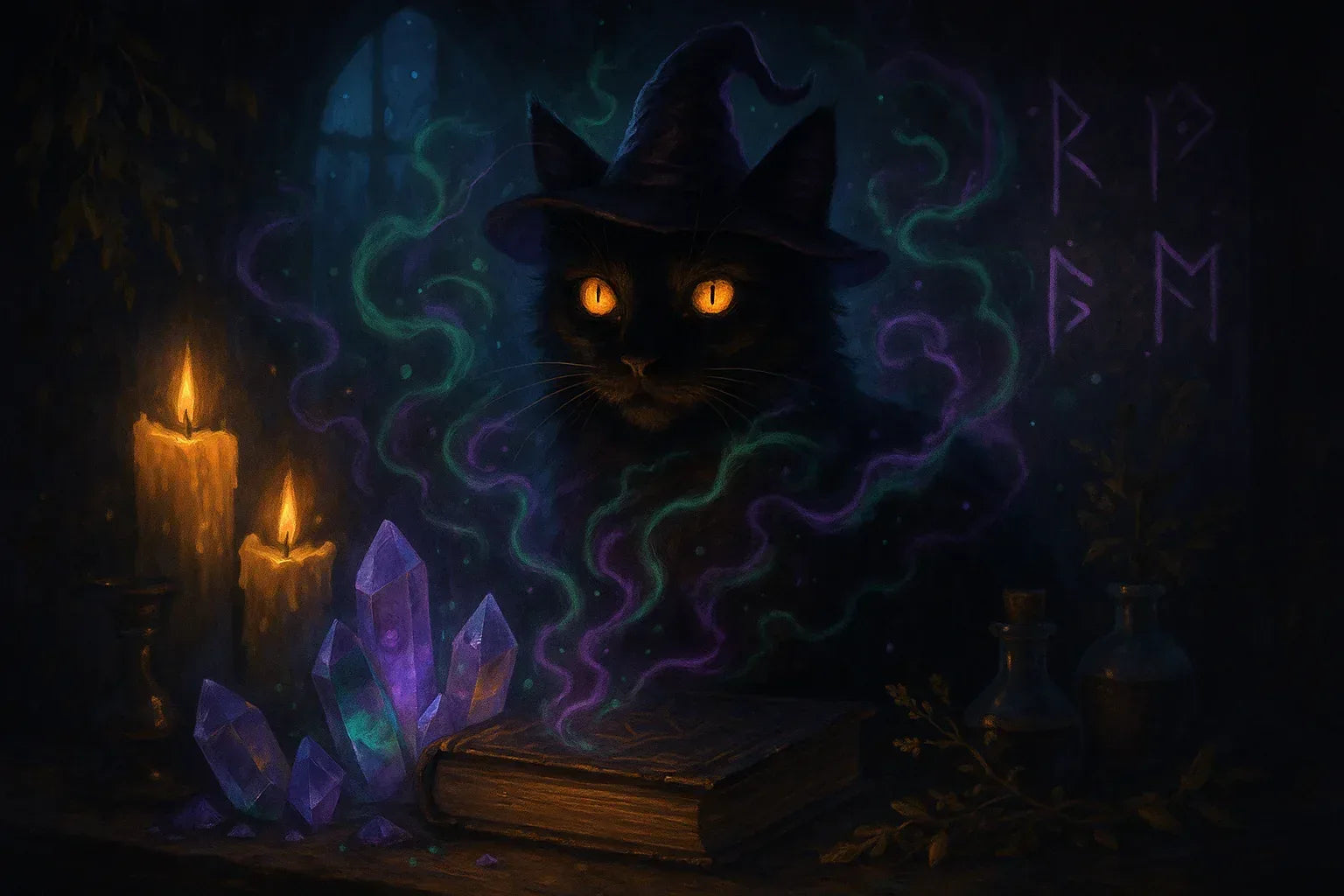 witchy cat surrounded by witchcraft supplies crystals and potions and lit candles