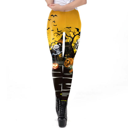 Halloween-themed leggings with pumpkins, ghosts, and bats on a yellow background.