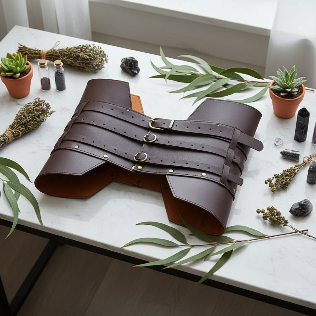 Brown leather armor with gold buckles on a white background