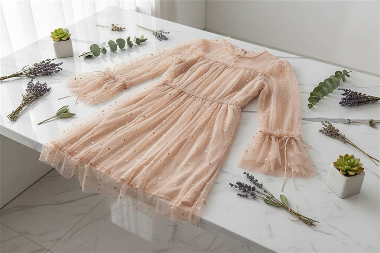 Person wearing a sheer pink dress with star patterns, sitting outdoors.