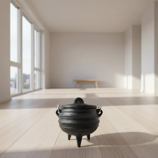 Black cast iron pot with lid on a white background