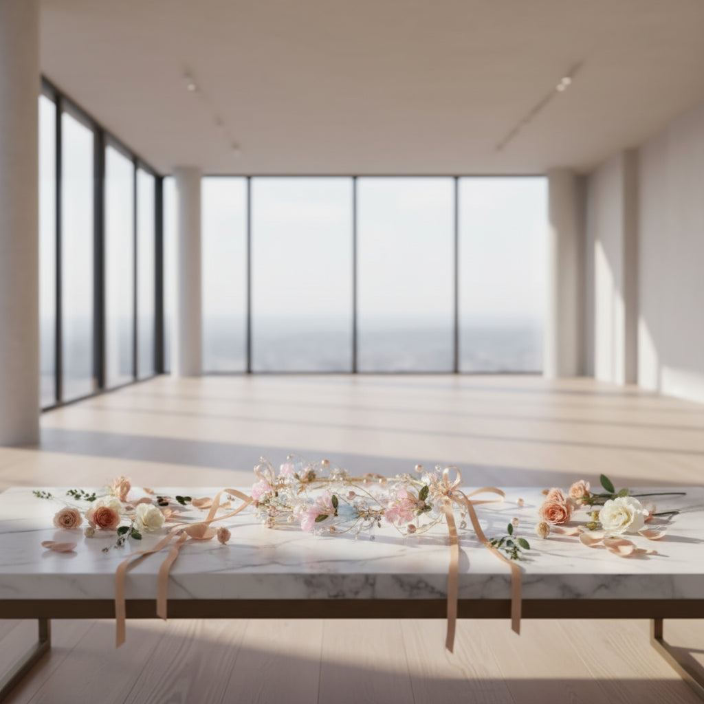 Floral headband with pink and gold accents on a white background