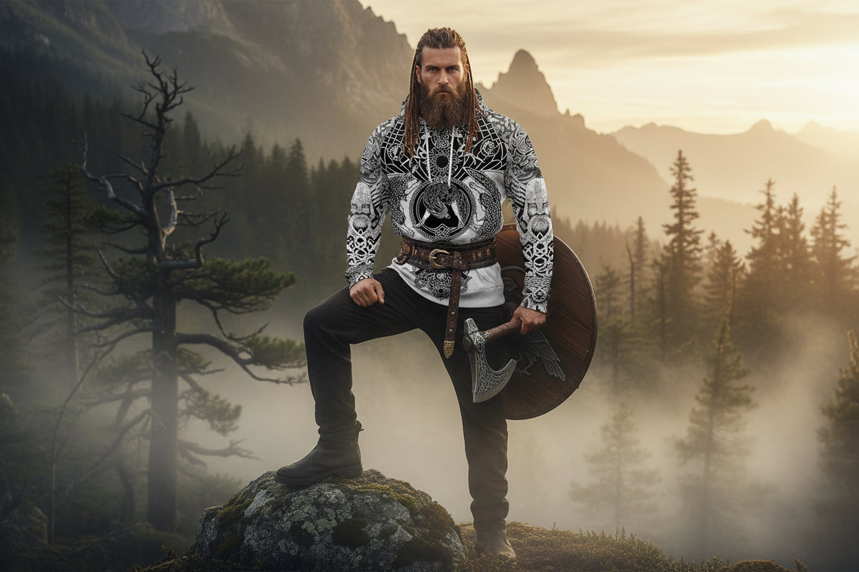 Hoodie with black and white tribal design featuring wolves and Celtic patterns on a white background.