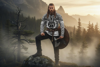 Hoodie with black and white tribal design featuring wolves and Celtic patterns on a white background.