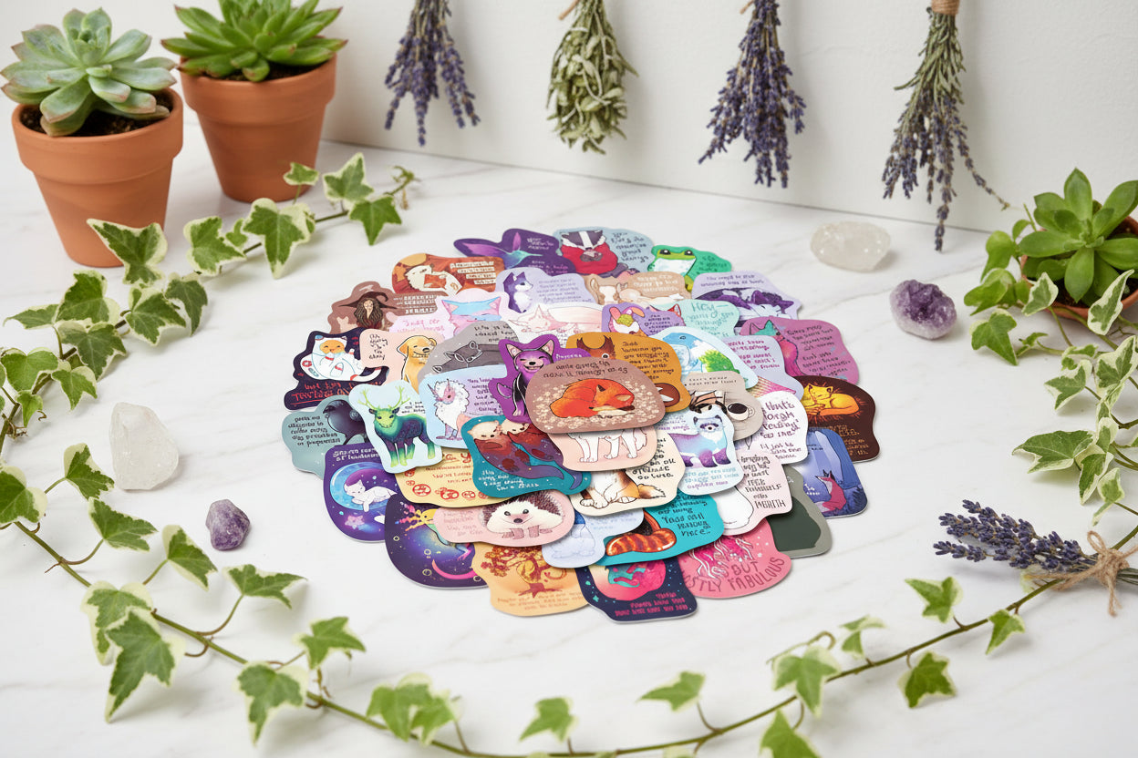 Collection of colorful animal-themed stickers with various sayings on a white background