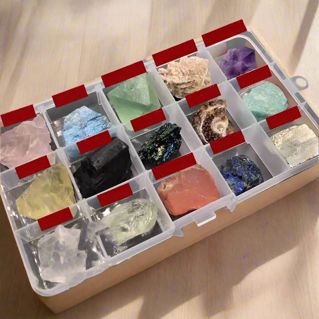 Collection of various colorful crystals in a clear storage box with red lids.