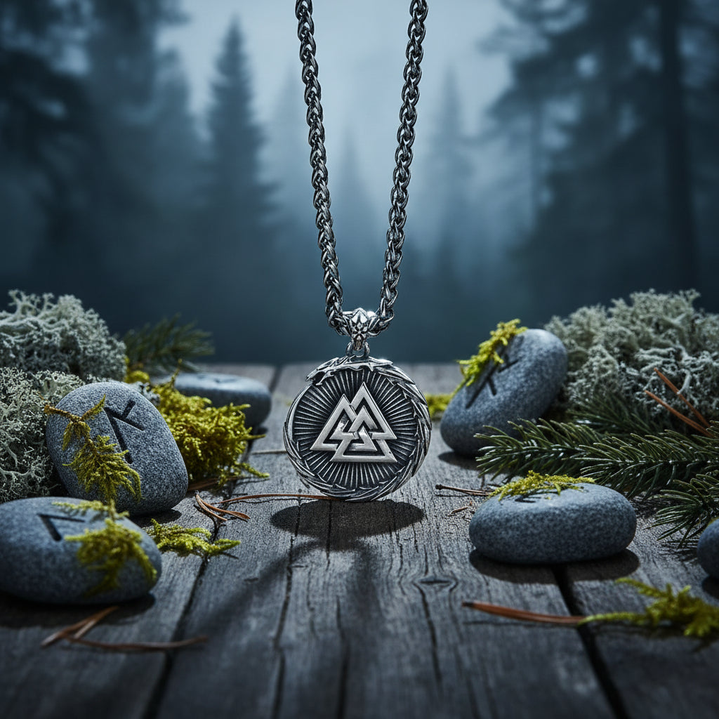 Silver necklace with a detailed pendant on a white background