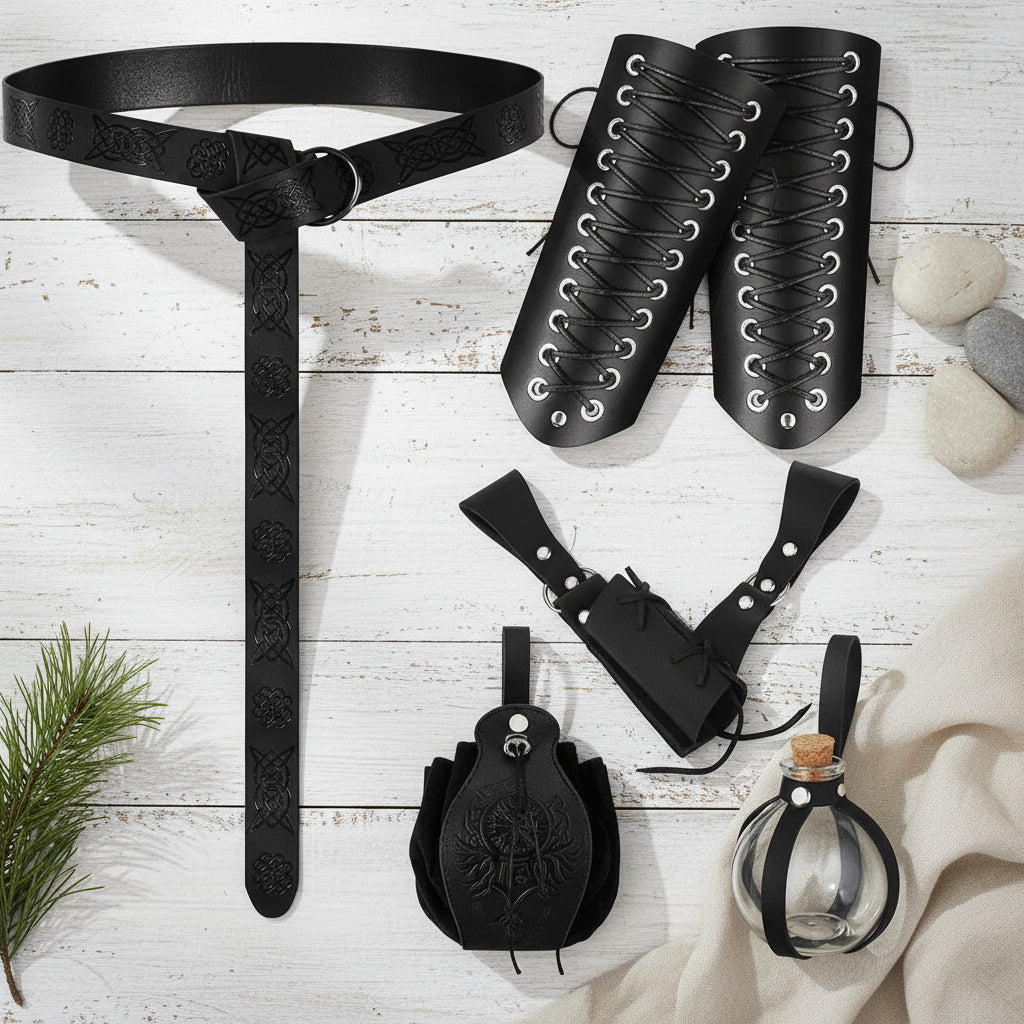 Black leather belt, arm guards, pouch, and small jar on a white background