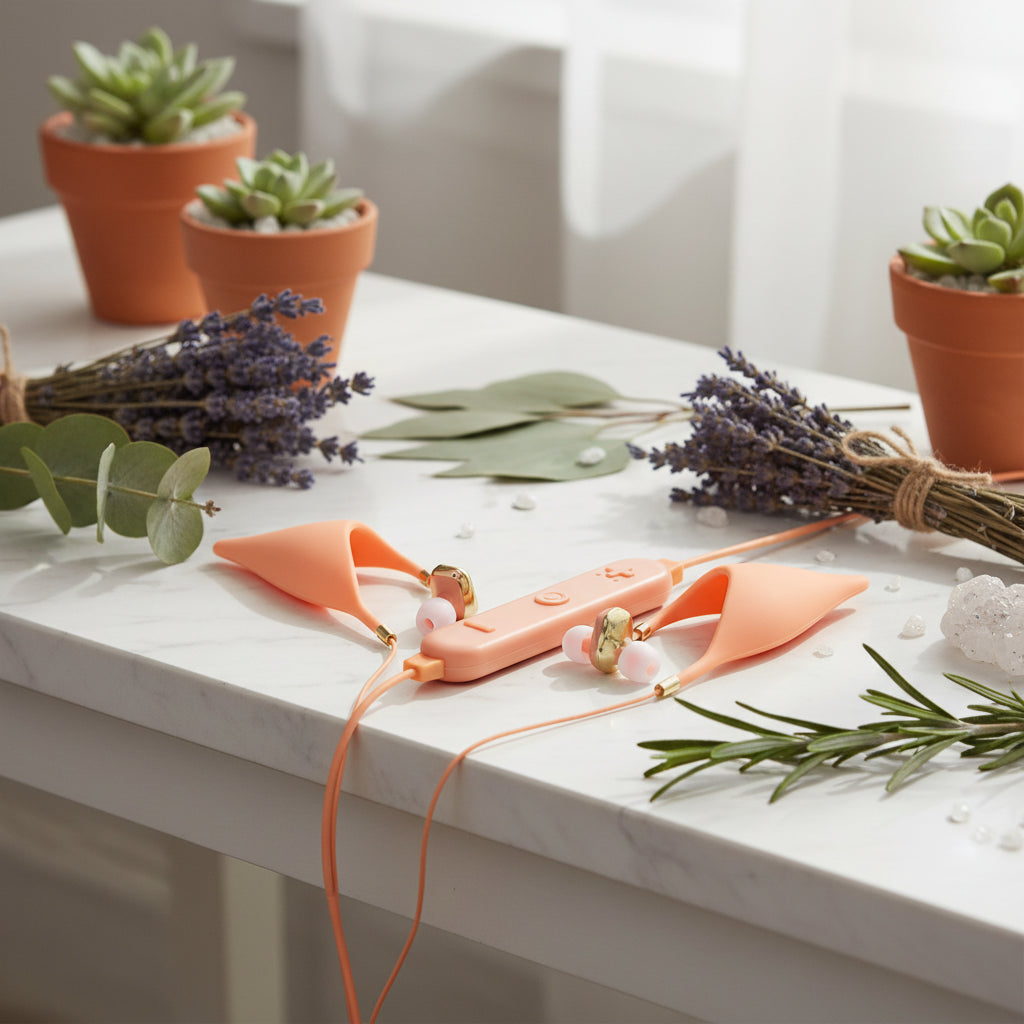 Orange wireless earbuds with charging case on a white background