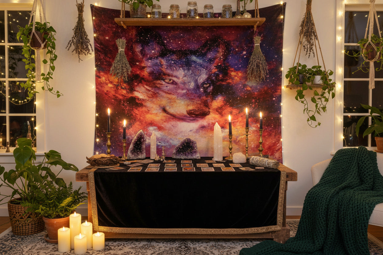 Colourful galaxy wolf tapestry hanging on a wall with a pillow and plants below.