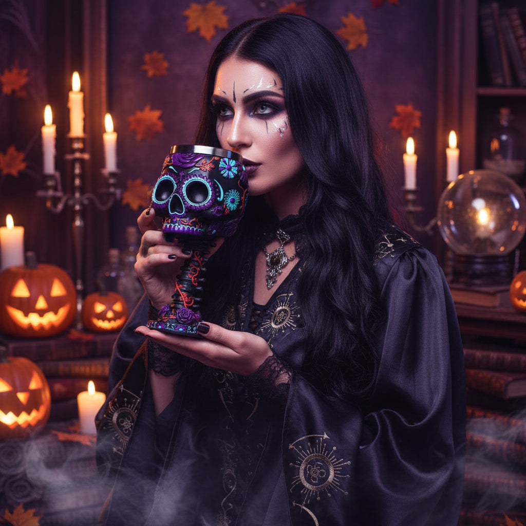 Decorative skull-shaped glass with colorful floral designs on a white background