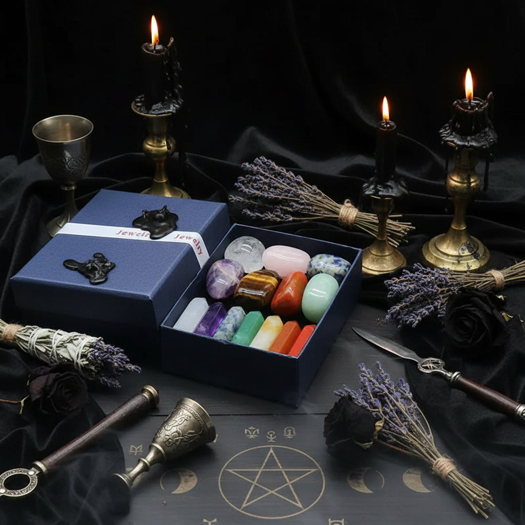 Crystal Box Set - Sorceress Sanctuary Bags (irregular 7)-Bagged Tiger Eye (7 single pointed hexagonal cones)-1261-1 boxed red aventurine (single pointed hexagonal column + irregular)-1261-2 boxed Tiger Eye (single pointed hexagonal column + irregular)-Bagged red aventurine (7 single pointed hexagonal cones)
