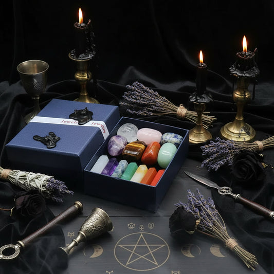 Crystal Box Set - Sorceress Sanctuary Bags (irregular 7)-Bagged Tiger Eye (7 single pointed hexagonal cones)-1261-1 boxed red aventurine (single pointed hexagonal column + irregular)-1261-2 boxed Tiger Eye (single pointed hexagonal column + irregular)-Bagged red aventurine (7 single pointed hexagonal cones)