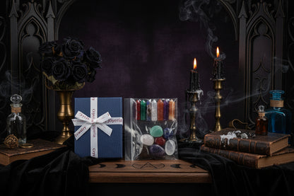 Crystal Box Set - Sorceress Sanctuary Bags (irregular 7)-Bagged Tiger Eye (7 single pointed hexagonal cones)-1261-1 boxed red aventurine (single pointed hexagonal column + irregular)-1261-2 boxed Tiger Eye (single pointed hexagonal column + irregular)-Bagged red aventurine (7 single pointed hexagonal cones)