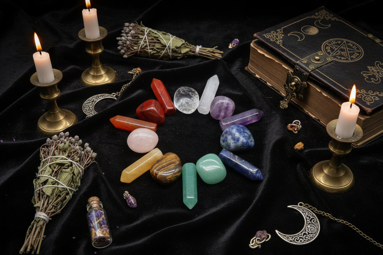Crystal Box Set - Sorceress Sanctuary Bags (irregular 7)-Bagged Tiger Eye (7 single pointed hexagonal cones)-1261-1 boxed red aventurine (single pointed hexagonal column + irregular)-1261-2 boxed Tiger Eye (single pointed hexagonal column + irregular)-Bagged red aventurine (7 single pointed hexagonal cones)