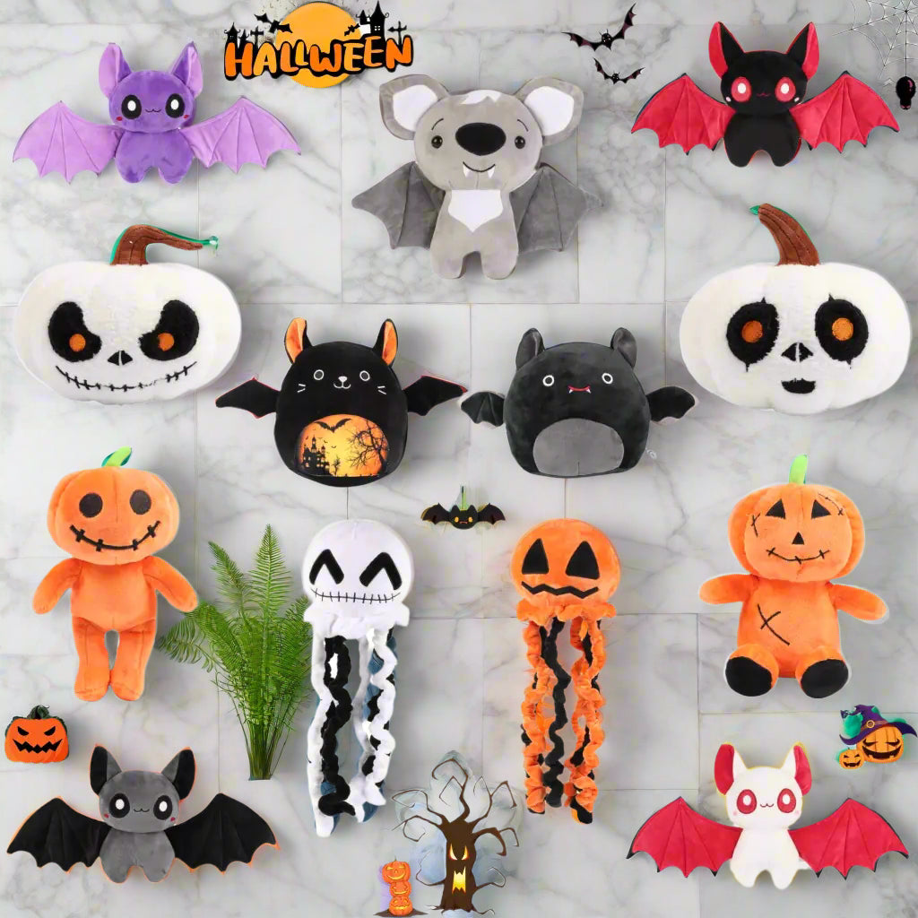 Collection of Halloween-themed plush toys including pumpkins, bats, and ghosts on a white background.