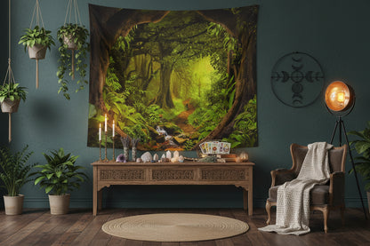 Tapestry depicting a lush green forest with a stream, hanging on a wall above a wooden floor.