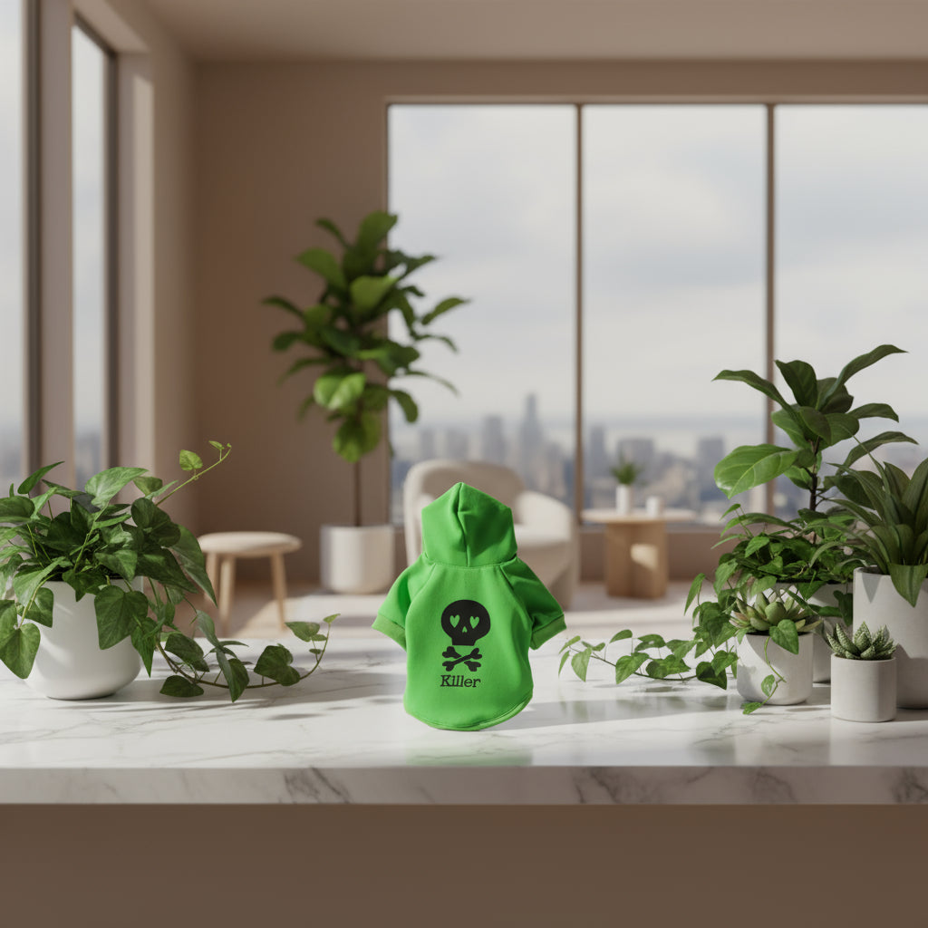 Green hoodie with a skull design and 'Killer' text on a white background