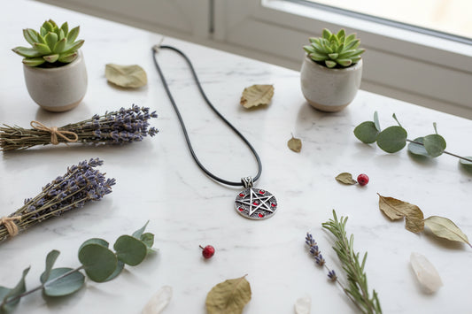 Pentacle pendant with red stones on a black cord against a white background
